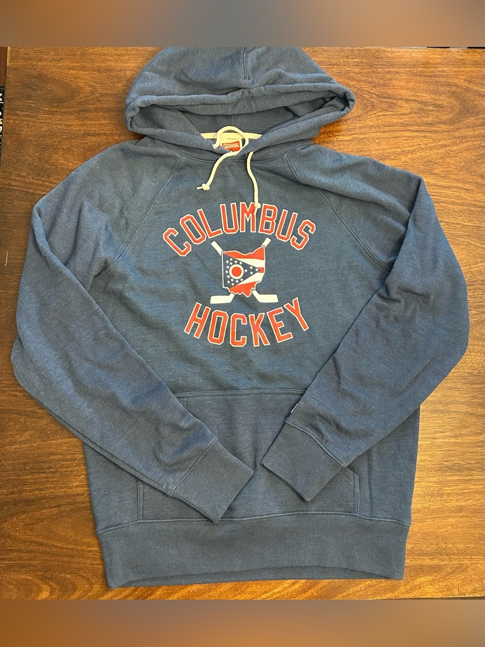 HOMAGE Navy Columbus Hockey Hooded Sweatshirt with Red Accents